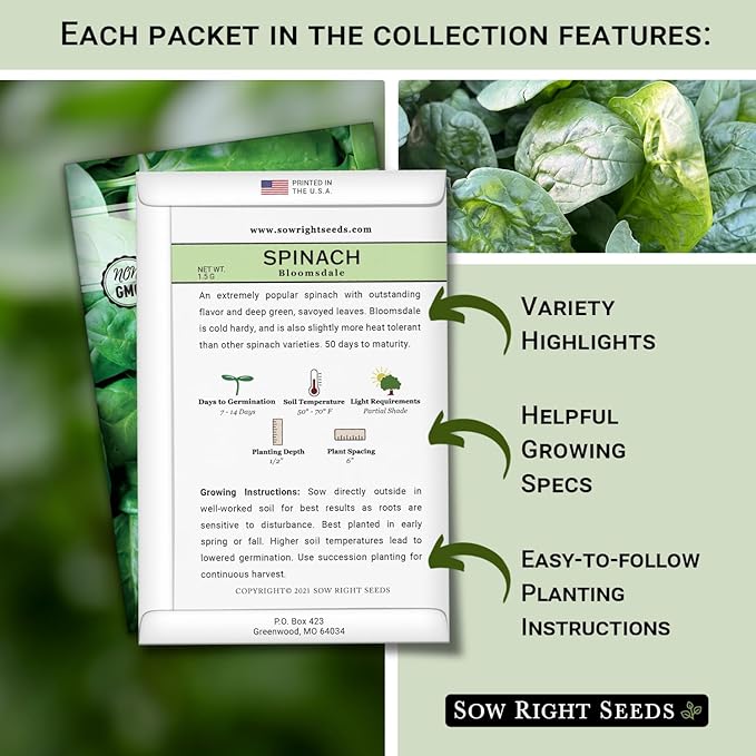 Sow Right Seeds - Spinach Seed Collection for Planting - Viroflay, Malabar & Bloomsdale Spinach - Cold Hardy Vegetable Seeds for Growing - Mix of Hardy, Flavorful Greens - Non-GMO Heirloom Packets