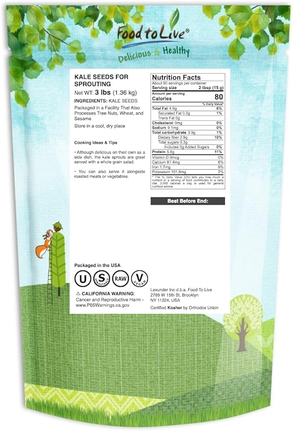 Food to Live Kale Seeds, 3 Pounds – Great for Sprouting and Planting, High Germination Rate, Non-Irradiated, Kosher, Vegan, Bulk, Grow Amazing Sprout, Microgreens and Plants for Salads, Sirtfood