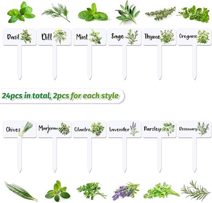 JarThenaAMCS 24Pcs Acrylic Plant Label Signs 12 Styles T-Type Herb Garden Markers Waterproof Reusable Plant Stake Tags with Names for Spring Summer Nursery Indoor Outdoor Garden Decoration