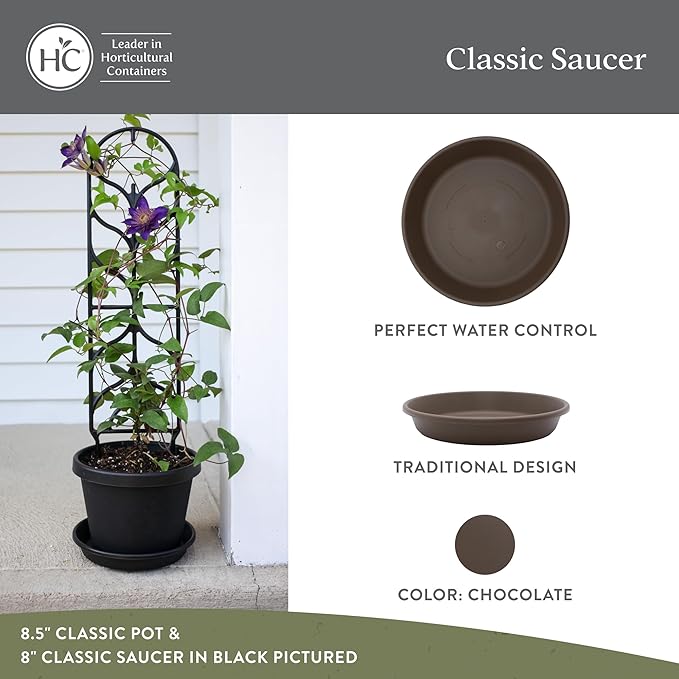 The HC Companies 6 Inch Classic Round Plant Saucer, Lightweight UV-Resistant Plastic Outdoor & Indoor Flower Pot Tray, 4-Pack Plant Pot Trays for Garden & Home Decor, Chocolate