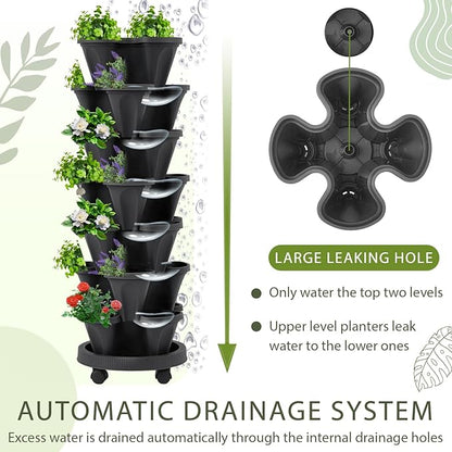 Umigy 2 Set of 7 Tier Vertical Planter Stackable Tower Planters Strawberry Herb Flower and Vegetable Pots Indoor Outdoor Gardening Pots with Removable Wheels and Tools(Black)