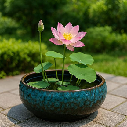 Oncpcare Lotus Bowl Planter – Glazed Ceramic Indoor Plant Bowl Lotus Pot for Lotus Seeds, Bonsai, Succulents | Shallow Hydroponic Decorative Oriental Flower Bowl (Green)