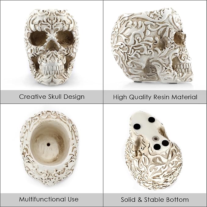 OwnMy Resin Skull Planter for Indoor Plants, White Skull Flower Succulent Pot with Drainage Holes, Halloween Skulls Head Planter Decorative Small Succulents Planters Pot for Tabletop