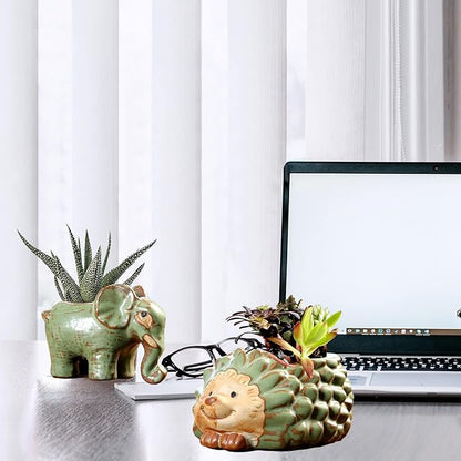 DIYOMR Small Ceramic Planter Pot, 4.3" Vintage Bronze Animal Planters Ceramic Flowerpot Succulent Pots Cactus Pot for Office Home Desktop Decor - Plants Not Included (Elephant Pot)