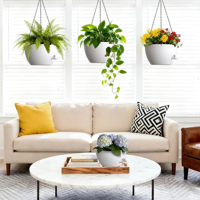 Set of 3-10 Inch Self Watering Hanging Planters for Indoor Outdoor，Hanging Plant Pots with Drainage & Removable Tray, Hanging Pots for Pothos Plant, Spider Plants, Ferns, Balcony & Patio, White