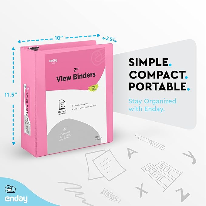 2 Inch 3 Ring Binder 2” Pink, Slant D-Ring 2 in Binder Clear View Cover with 2 Inside Pockets, Heavy Duty Colored School Supplies Office and Home Binders – by Enday