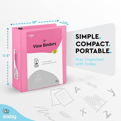 2 Inch 3 Ring Binder 2” Pink, Slant D-Ring 2 in Binder Clear View Cover with 2 Inside Pockets, Heavy Duty Colored School Supplies Office and Home Binders – by Enday