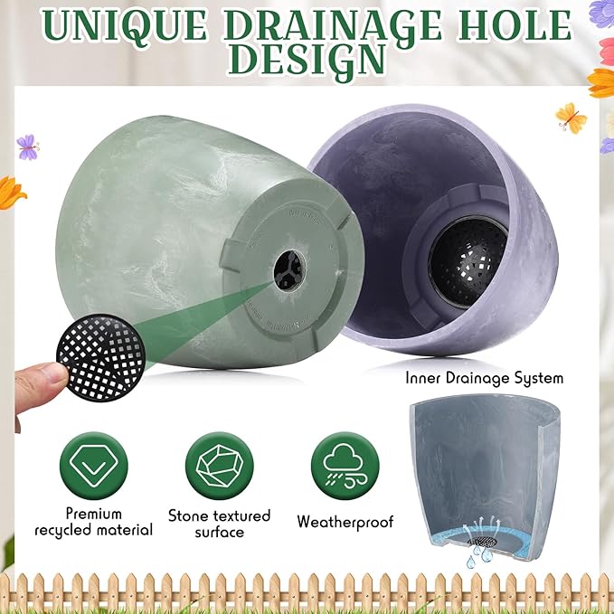 5 Pack Flower Pots 5 Inch Outdoor Plant Pots for Indoor Marble Pattern Plastic Tree Planters with Drainage Holes Gardening Gifts for Patio Home Garden Desk Decoration