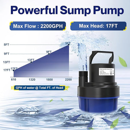 AgiiMan 1/2HP Submersible Water Pump, 2200GPH Portable Sump Pump for Pool Draining, Pool Cover Pump with 25FT Power Cord for Basements, Pool, Fountains, Hot Tub, Garden, Blue