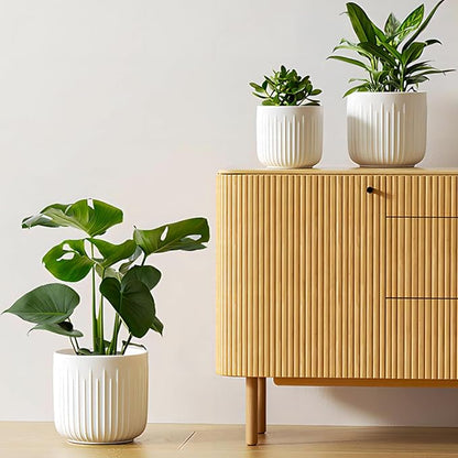 LE TAUCI Fluted Ceramic Planters, 8.3/7/6 Inch Indoor Pots for Plants with Drainage Holes & Mesh, Modern Matte Glaze Cylinder Plant Pot for Snake Plant, Set of 3, White