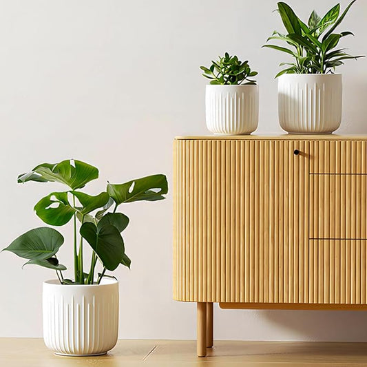 LE TAUCI Fluted Ceramic Planters, 8.3/7/6 Inch Indoor Pots for Plants with Drainage Holes & Mesh, Modern Matte Glaze Cylinder Plant Pot for Snake Plant, Set of 3, White