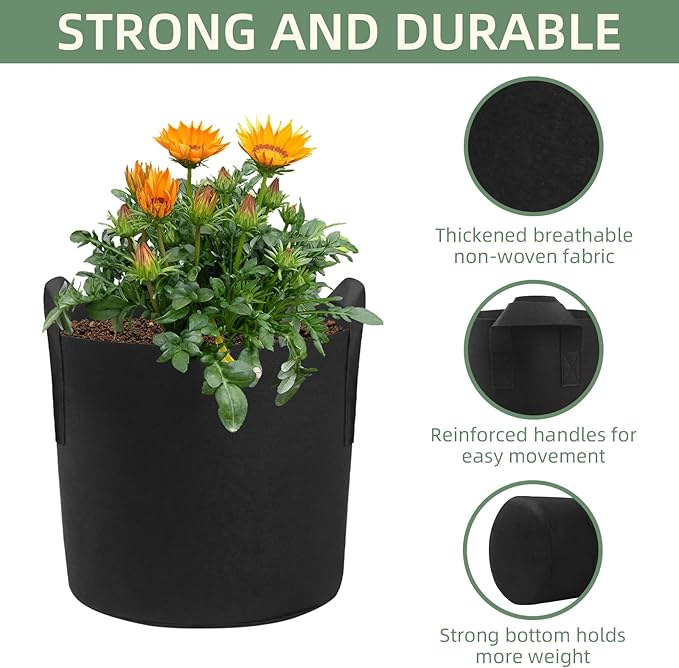 LITLANDSTAR 7 Pack Black Grow Bags, Thickened Nonwoven Plant Fabric Pots with 4 Sizes - 5/7/10/15 Gallon Aeration Planting Bags for Potato Tomato Carrot Strawberry