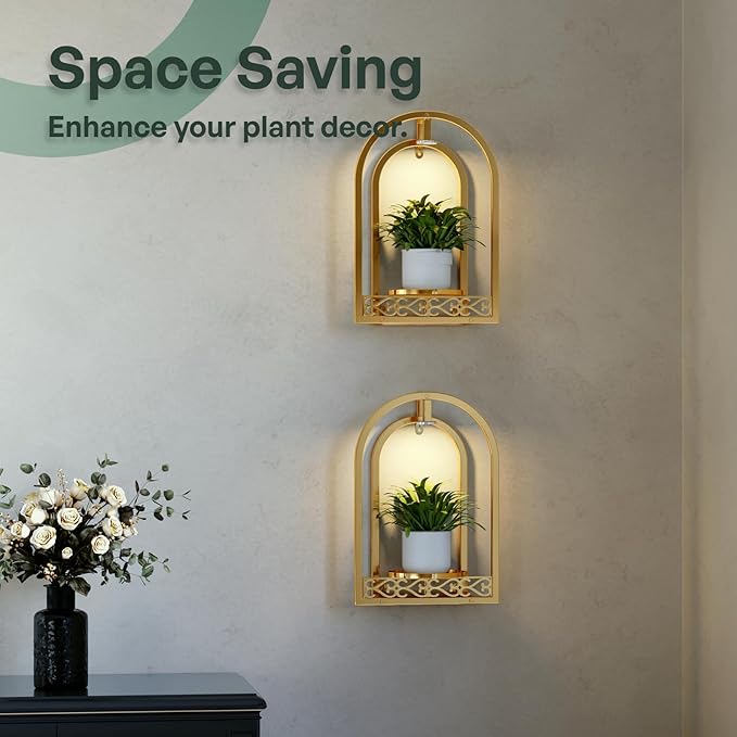 LED Grow Light Wall Hanging Planters with USB Power, Remote Control, Modern Decor for Indoor/Outdoor Plants, Living Room, Garden, Patio 2 Pack Gold