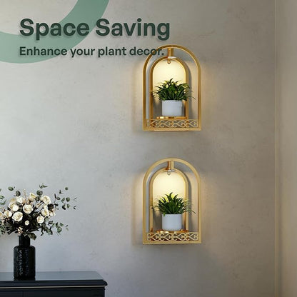 LED Grow Light Wall Hanging Planters with USB Power, Remote Control, Modern Decor for Indoor/Outdoor Plants, Living Room, Garden, Patio 2 Pack Gold