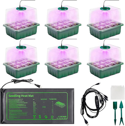 Seed Starter Kit with Grow Light and Heat Mat, 6 Pack 12-Cell Seedling Trays with LED Panels, Adjustable Timer & Dimmer Indoor Plant Propagation Station for Herbs, Vegetables, Flowers