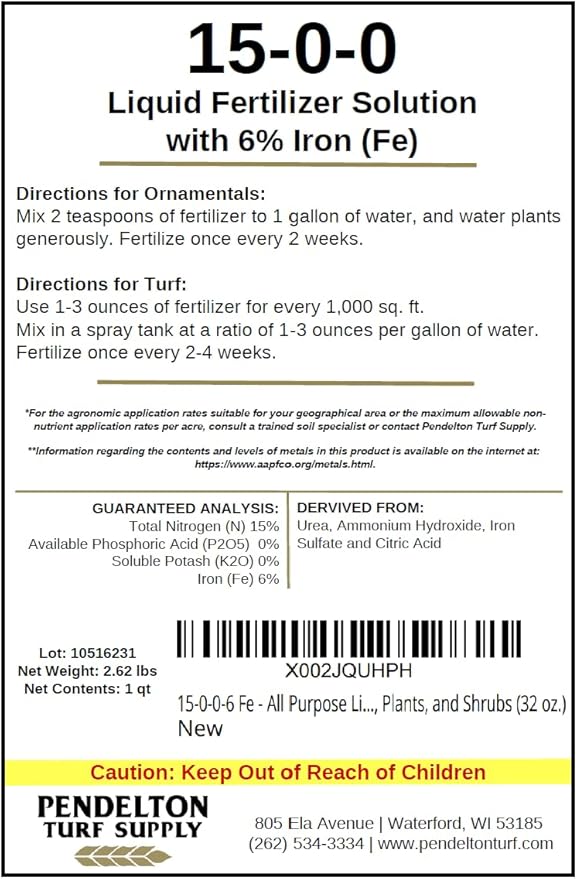 Pendelton Turf Supply Inc. 15-0-0-6 Fe All Purpose Liquid Iron Fertilizer Solution for Darker, Greener Turf, Plants, and Shrubs (32 oz.)