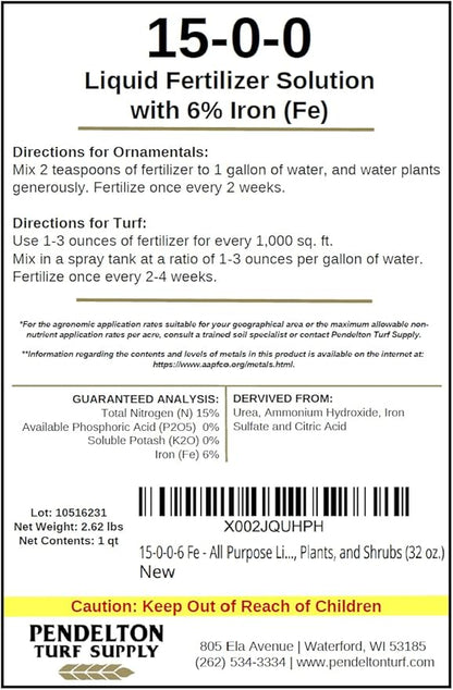 Pendelton Turf Supply Inc. 15-0-0-6 Fe All Purpose Liquid Iron Fertilizer Solution for Darker, Greener Turf, Plants, and Shrubs (32 oz.)