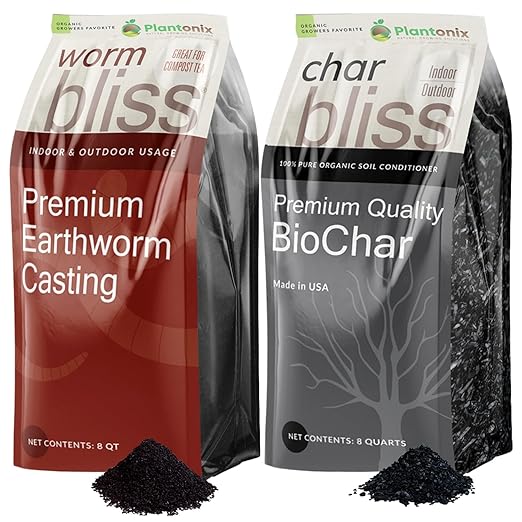 Worm Bliss (8 Qts) + Char Bliss (8 Qts) - Organic Worm Castings for Plants & Organic Biochar for Plants - Earthworm Castings Organic Fertilizer - Biochar Soil Amendment - Charcoal for Plants