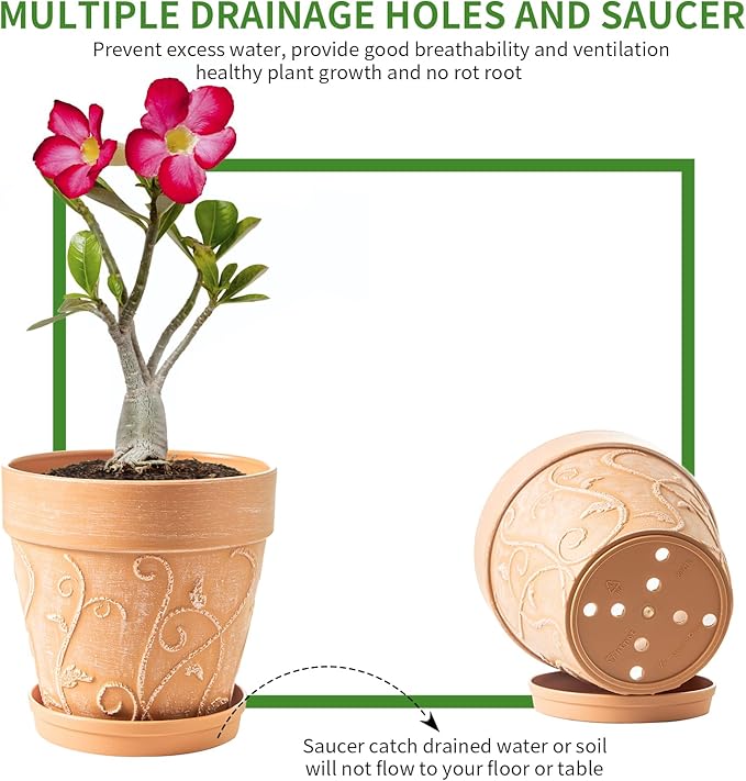 Melphoe Plant Pots Indoor with Drainage & Saucer, 2Pack 8 inch Flower Pots Outdoor Planters for Indoor Plants Garden Home Decor Cactus Succulent, Rigid Plastic (Imitation-Terracotta) Vine-Embossed