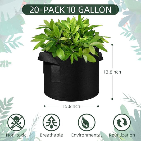 10 Gallon Grow Bags 20 Pack, Heavy Duty Thickened Nonwoven Fabric Pots with Handles, Plant Grow Bags for Vegetable/Flower/Plant/Fruits, Black