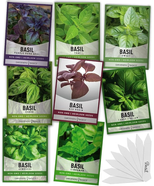 Gardeners Basics, Basil Seeds for Planting Home Garden - 8 Variety Herb Pack Genovese, Large Leaf, Lemon, Thai, Red Rubin, Cinnamon, Sweet and Purple Opal Basil Herb Seeds for Indoors & Outdoors