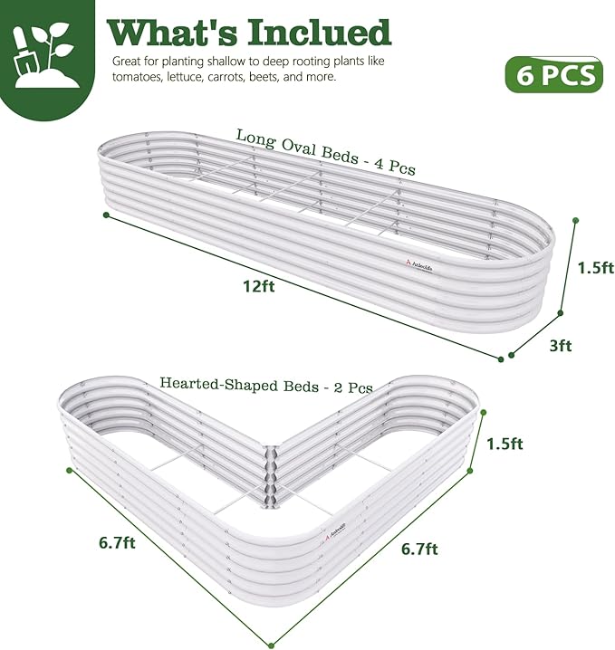 A ANLEOLIFE 6-Piece 18 Inch Tall Antique White Raised Garden Beds Kit, Heart-Shaped & Long Oval Planters for Custom Decorative Gardens.