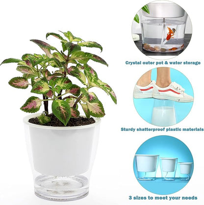 5-Pack 5.1 Inches Clear Self-Watering Planters African Violet Pots Plastic Wicking Flower Pots for Indoor Plants, Herbs, African Violet, Ocean Spider Plant, Orchid Garden Pot