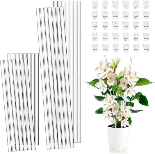 Mwellewm Plant Stakes 30 Pcs 17 Inch & 11 Inch Plant Support Stakes For Indoor Outdoor Tall Acrylic Clear Garden Orchid Sticks with 30 Small Clips Single Stem Potted Tomato Flower Amaryllis Vegetables
