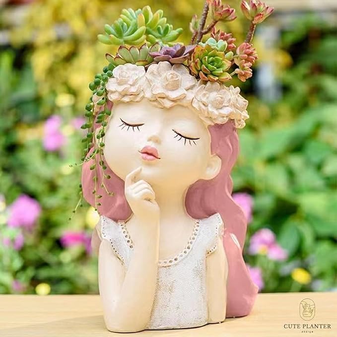 Head Planter Succulent Pots Face Flower Pot Cute Resin Cactus Planters with Drainage Creative Decorations, Gift for Women, Man, Office and Garden Decor, 7.3x6.5x10.6inch