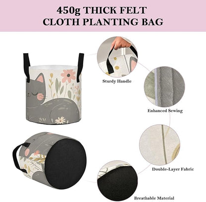 Fabric Plant Grow Bags Cartoon Grey Cat, 3Gallon Cloth Planting Pouch Flower Pot Thickened for Garden Vegetable Flower Planting