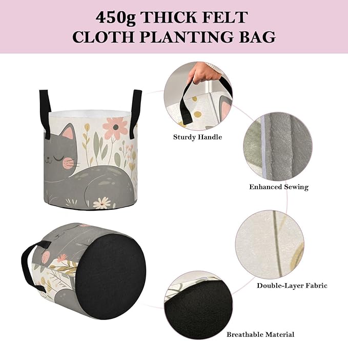 Fabric Plant Grow Bags Cartoon Grey Cat, 7Gallon Cloth Planting Pouch Flower Pot Thickened for Garden Vegetable Flower Planting
