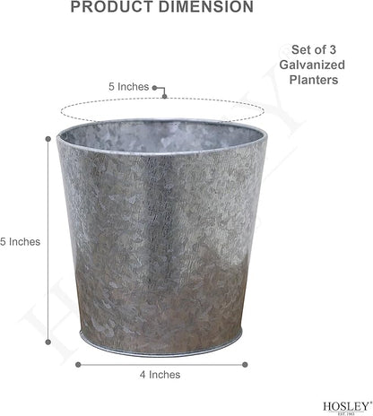 Hosley Set of 3 Galvanized Finish Bucket/Pots with PVC Liner 5" Dia x 4.75" H Ideal Gift for Floral Arrangements Wedding Home Office Party DIY Indoor Outdoor Garden Patio