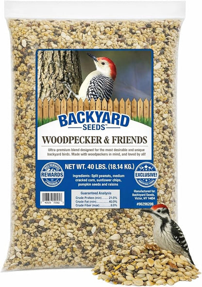 CountryMax Backyard Seeds Woodpecker No-Waste Bird Seed Mix 40lbs - Premium Shelled Peanuts & Sunflower Chips, Medium Bag of Wild Bird Food