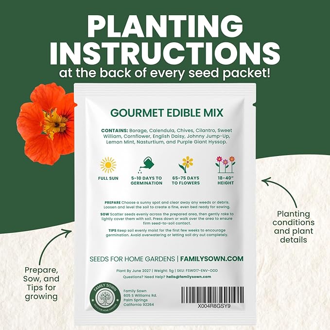 Gourmet Edible Mix – 1,000 Premium Seeds for Planting – Fresh Culinary Flowers & Herbs – 2026 Season – 5 Gram Pouch