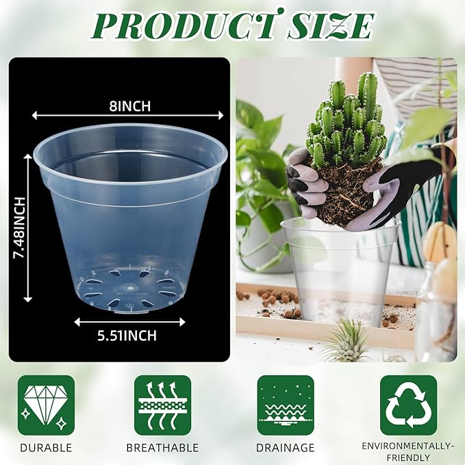 Maxcheck 24 Pcs Thick Clear Nursery Pots for Plants Transparent Plastic Garden Pots with Holes for Seedling Variety Plants Growing in Garden Home (8 Inch)