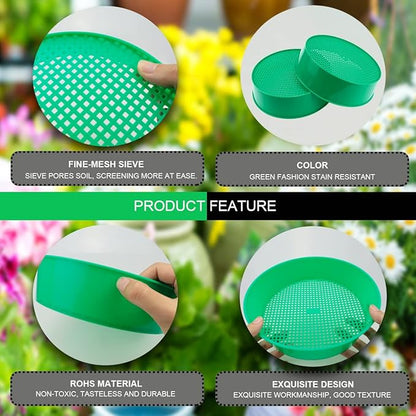 2Pcs Round Garden Soil Sieve Pan Plastic Sand Sifter Set for Sieve Work of Small Gravel, Soil, Sand（Green）