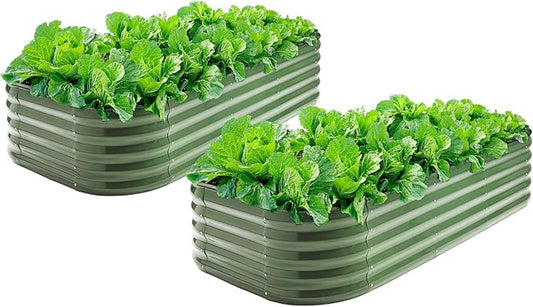 2-Pack Galvanized Steel Raised Garden Beds 8x2ft Oval - 17" Tall 9-in-1 Modular Planter Boxes for Vegetables/Flowers, Rust-Proof Metal Outdoor Planters with Rubber Edging (Green, Set of 2)