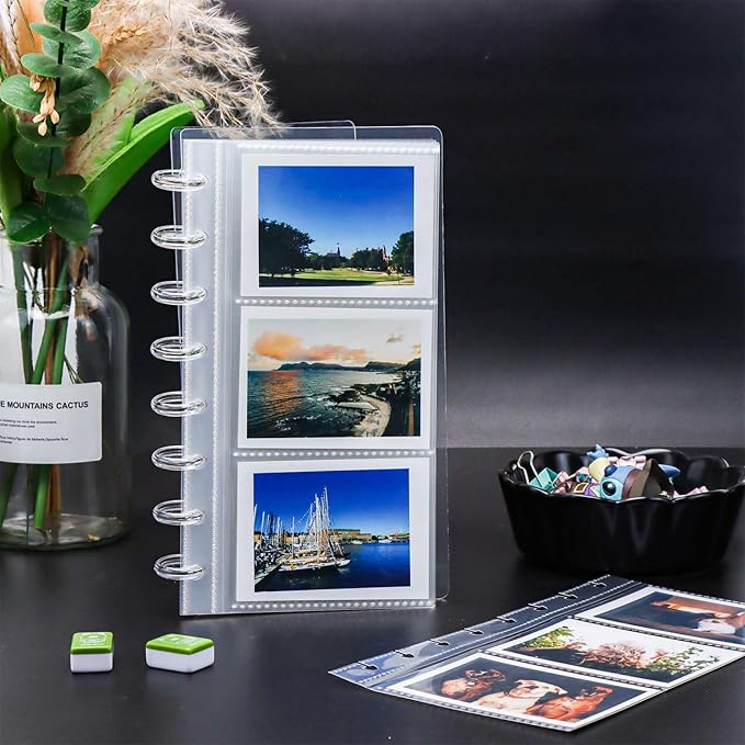 Discbound Photo Album with Clear PET Cover 20 Sheets Clear PP Sleeves 8 Discs Bound Organizer Left Side Open Pockets for Cash Money Stickers Photos Cards (8 Rings 3 Pockets)