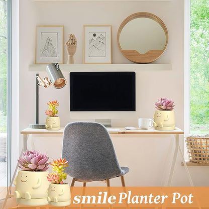 2 Pcs Smile Face Planters Pots with Drainage Hole, 6'' Head Planters 3.6'' Cute Resin Flower Pot for Indoor Plants, Succulent Pots for Plant Lover Gift(Face)