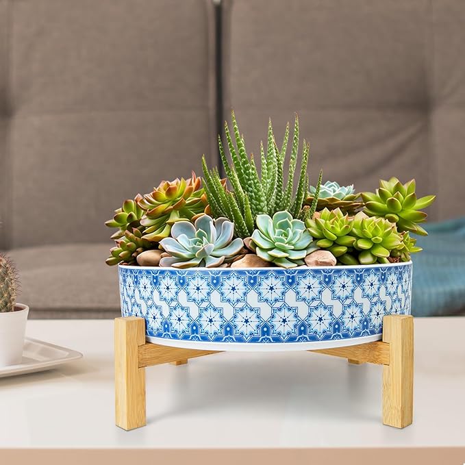 ARTKETTY Succulent Pots - 11 Inch Large Plant Pots Ceramic Bonsai Pots with Drainage Stand, Shallow Succulent Planters for Indoor Plants Decorative Flower Cactus Planter Bowl