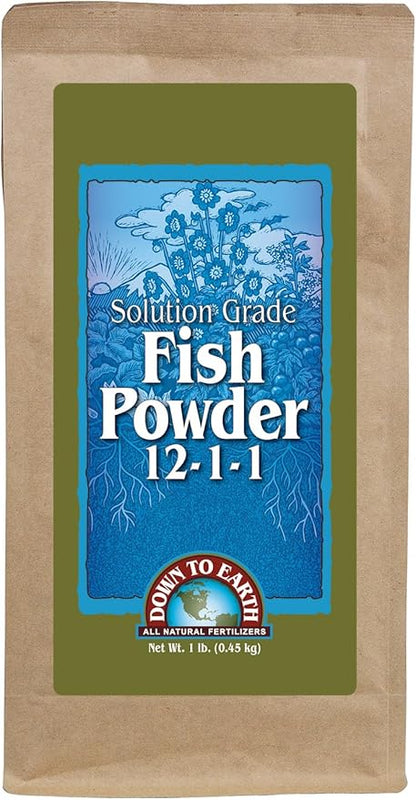Down To Earth All Natural Fertilizers Organic Solution Grade Fish Powder - Water Soluble Nitrogen - Makes up to 50 Gallons of Liquid Fish Fertilizer for Soil or Foliar Spray 12-1-1, 1 lb