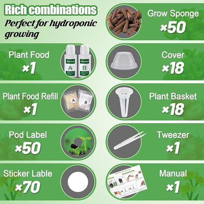 Bigmeta Hydroponic Pods Kit Compatible with Aerogarden -50pcs Growing Sponge, Plant Basket, Pod Labels, Seed Starter Sprout Kit for Grow Anything with Plant Food, for Most Indoor Systems