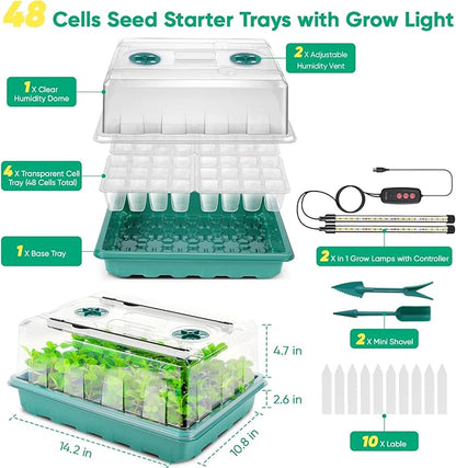 48 Cells Seed Starter Tray with Grow Light, Seed Starter Kit with Adjustable Humidity Dome, Seed Starting Trays Plant Starter Kit for Seeds Growing Starting, Indoor Gardening, Greenhouse
