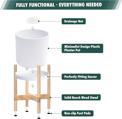 D'vine Dev Planter Pot with Stand - 16 Inch Plastic Cylinder Flower Pot with Wood Planter Holder for Indoor, Matte White Pot + Natural Stand, 55-C-Y-1