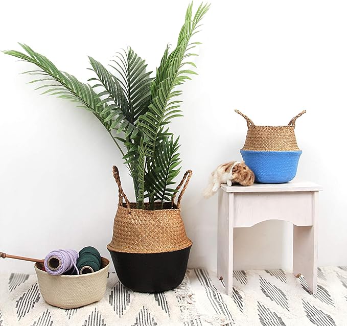 Woven Seagrass Belly Basket for Storage, Laundry, Picnic, Plant Pot Cover, and Grocery and Toy Storage (Black, Large)
