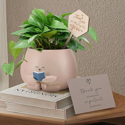 Bookworm Planter Pot - Cute Plant Pots for Succulents with Thank You Sign & Card, Small Reading Planter for Indoor Outdoor Decor, Succulent Gifts for Book Lovers, Teacher Dad Mom Appreciation
