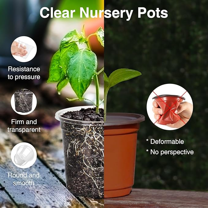 Bonviee 20 Packs 6.7 Inch Clear Nursery Pots, 1 Gallon Plastic Seedling Pots with Drainage Holes, Planters for Indoor Plants and Small Seed Starters, High Transparency Flower Pots with 10 Plant Labels