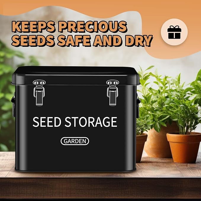 Blulu 85 Pcs Seed Storage Organizer 3 Compartment 30 Slot Metal Seed Saving Box with Lid and Lock with 1 Marker Pen, 20 Plant Labels, 30 Envelopes, 30 Bottles, Stickers for Garden Flower Plant(Black)