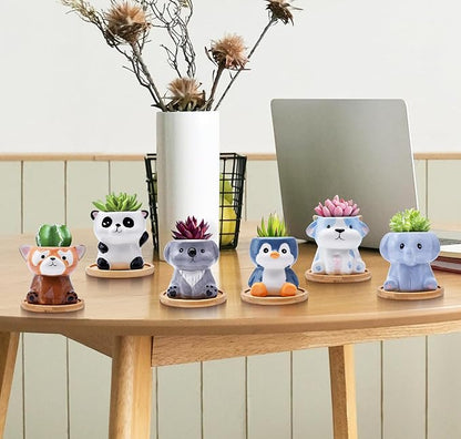 6 Pack Animal Ceramic Succulent Pots with Drainage – Mini Cute Planters with Bamboo Trays for Indoor Plants & Cactus, Adorable Animal Pots for Desk, Office, Home Decor, Gift for Kids & Plant Lovers