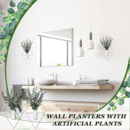 Jexine 4 Pcs Hanging Planters with Artificial Eucalyptus Metal Hanging Vase Indoor Plants Holder Modern Geometric Boho Bathroom Wall Decor for Living Room Home Office (Eucalyptus,White)